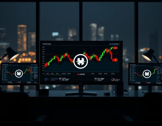 Cryptocurrency trading monitors showing Hamster Kombat price chart in a professional trading environment