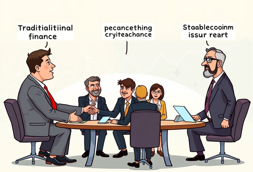 Cartoon illustration of a meeting discussing a potential Hana Dunamu Tether stablecoin partnership and its implications.