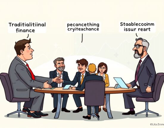 Cartoon illustration of a meeting discussing a potential Hana Dunamu Tether stablecoin partnership and its implications.