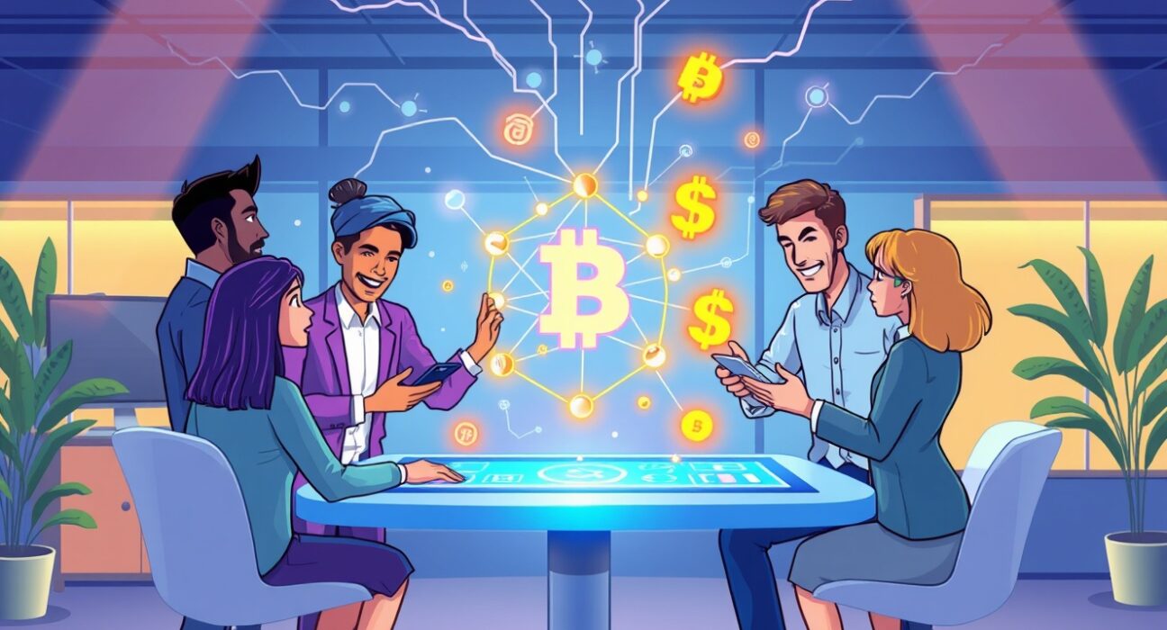 Hana Financial's digital asset task force team collaborating on stablecoin innovation in a vibrant office setting.