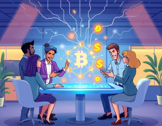 Hana Financial's digital asset task force team collaborating on stablecoin innovation in a vibrant office setting.