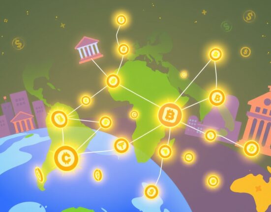 Blockchain for remittances connecting global banks with digital currency flows in a vibrant illustration