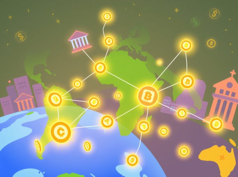 Blockchain for remittances connecting global banks with digital currency flows in a vibrant illustration