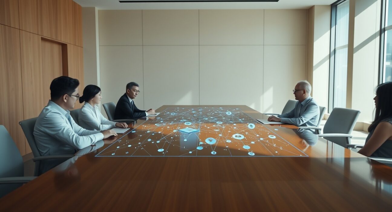 Senior executives from Hana Financial and Dunamu meeting in a modern Seoul boardroom to discuss digital finance collaboration.