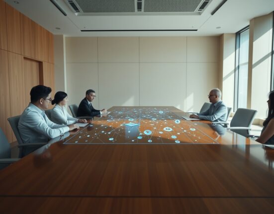 Senior executives from Hana Financial and Dunamu meeting in a modern Seoul boardroom to discuss digital finance collaboration.