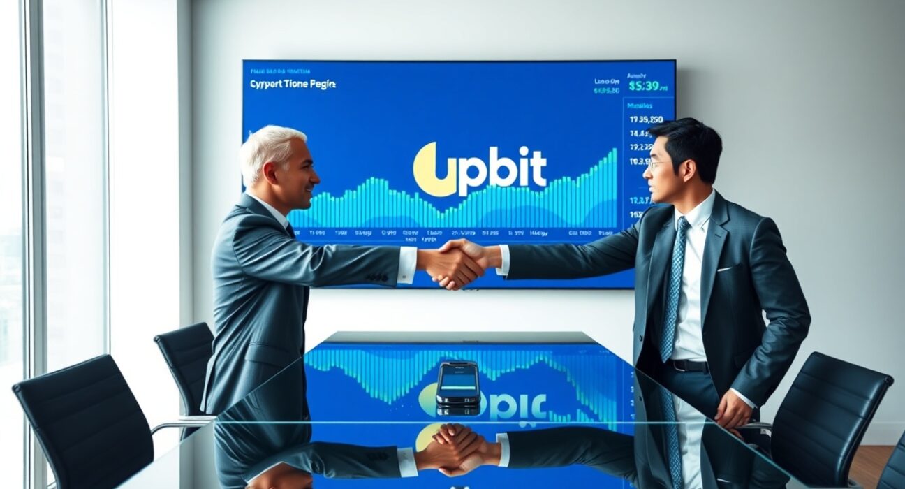 Business handshake in modern office with Upbit and cryptocurrency charts on digital screen in background