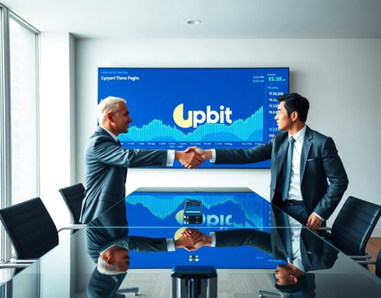 Business handshake in modern office with Upbit and cryptocurrency charts on digital screen in background