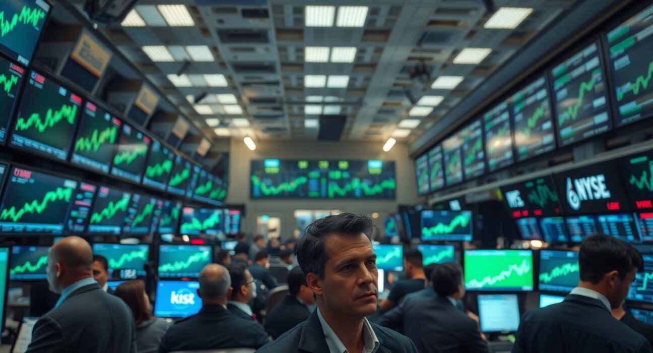 Stock exchange floor with traders and screens showing green market trends