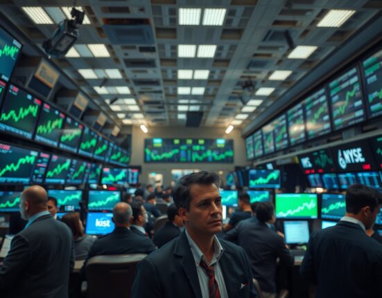 Stock exchange floor with traders and screens showing green market trends