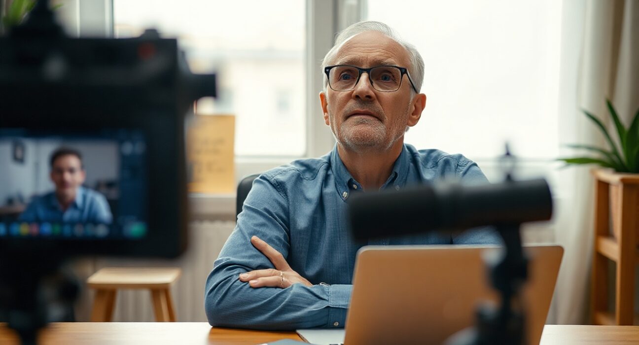 Hank Green sitting at a desk in a video recording setup, looking concerned, with a laptop showing a chat interface in the background.