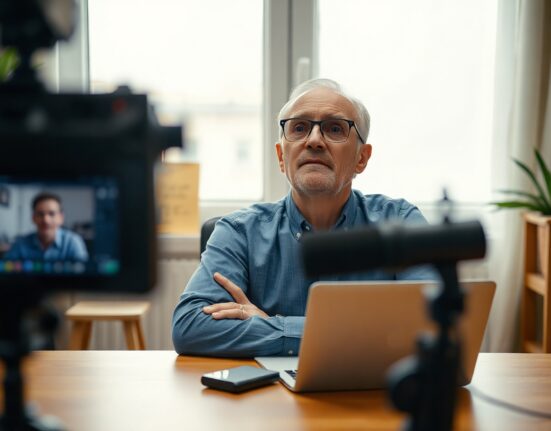 Hank Green sitting at a desk in a video recording setup, looking concerned, with a laptop showing a chat interface in the background.