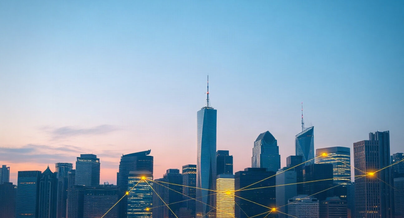 Modern financial district skyline with digital network overlay symbolizing digital asset integration
