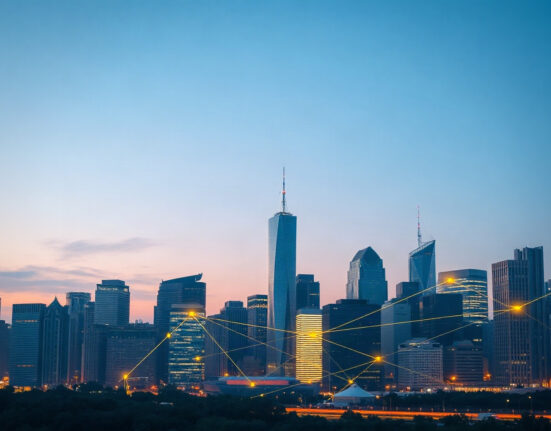 Modern financial district skyline with digital network overlay symbolizing digital asset integration