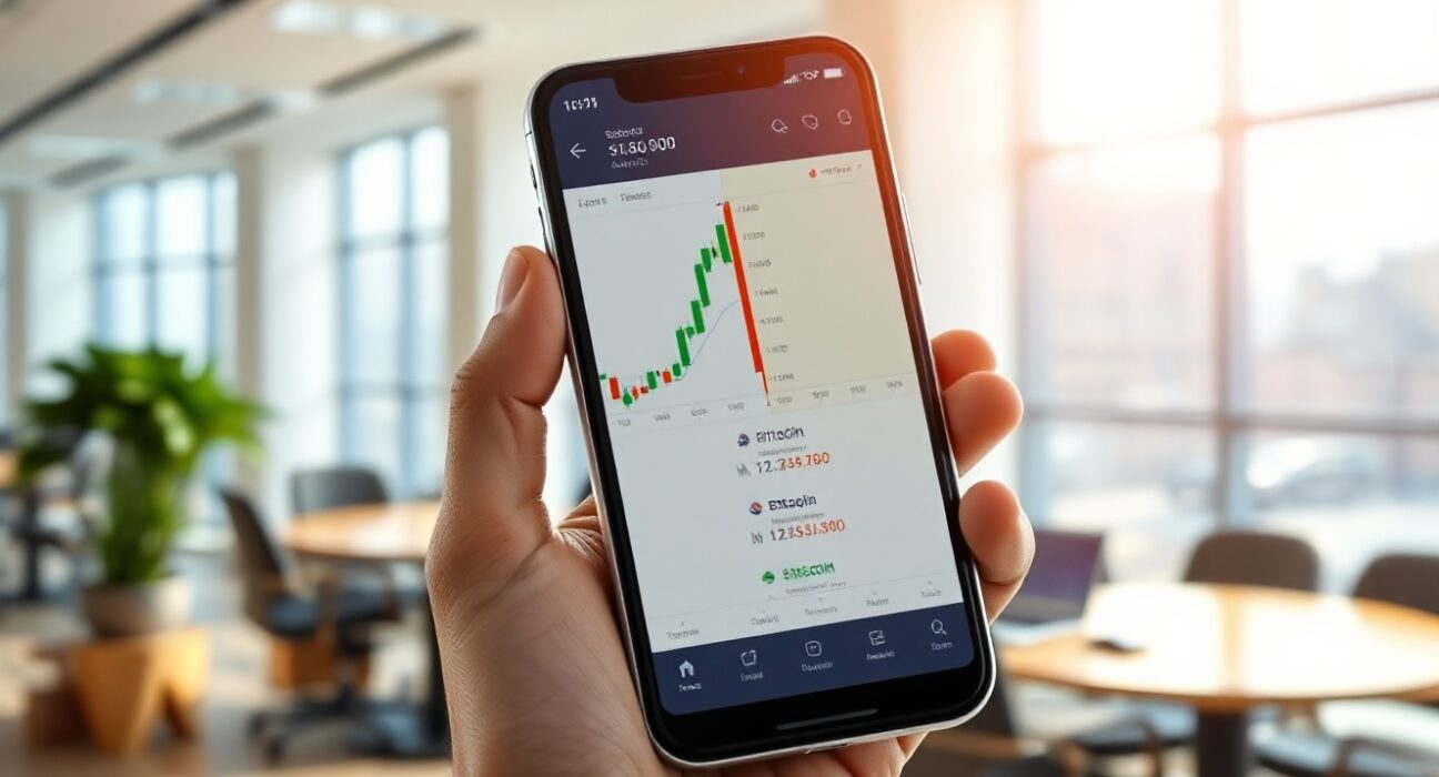 Smartphone showing a mobile trading app with stock charts and digital asset prices side by side