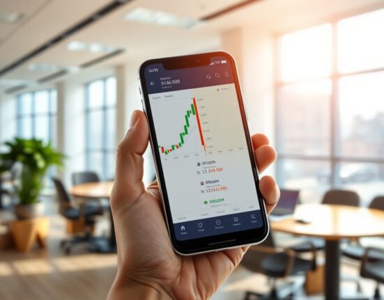 Smartphone showing a mobile trading app with stock charts and digital asset prices side by side