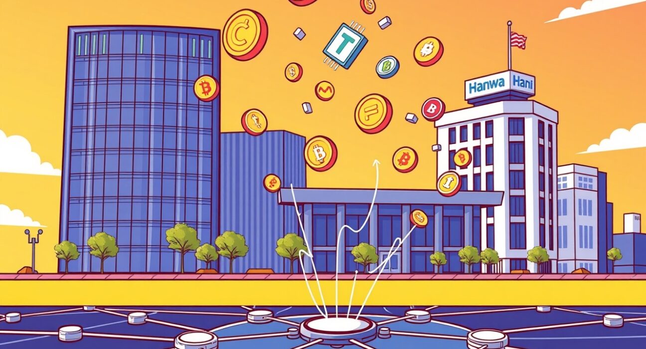A vibrant cartoon showing Hanwha's new digital asset platform facilitating fast, secure on-chain trading with blockchain technology.