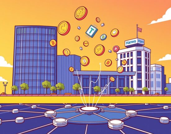 A vibrant cartoon showing Hanwha's new digital asset platform facilitating fast, secure on-chain trading with blockchain technology.