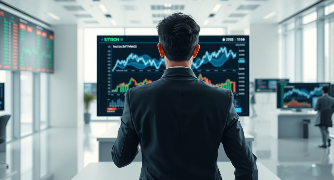 Hanwha Investment & Securities analyst reviewing digital asset and blockchain data in a modern financial office.