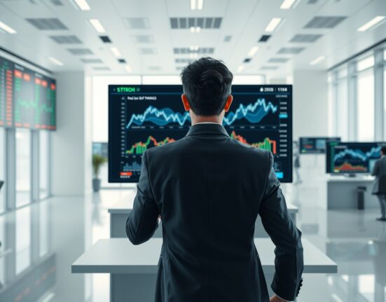 Hanwha Investment & Securities analyst reviewing digital asset and blockchain data in a modern financial office.