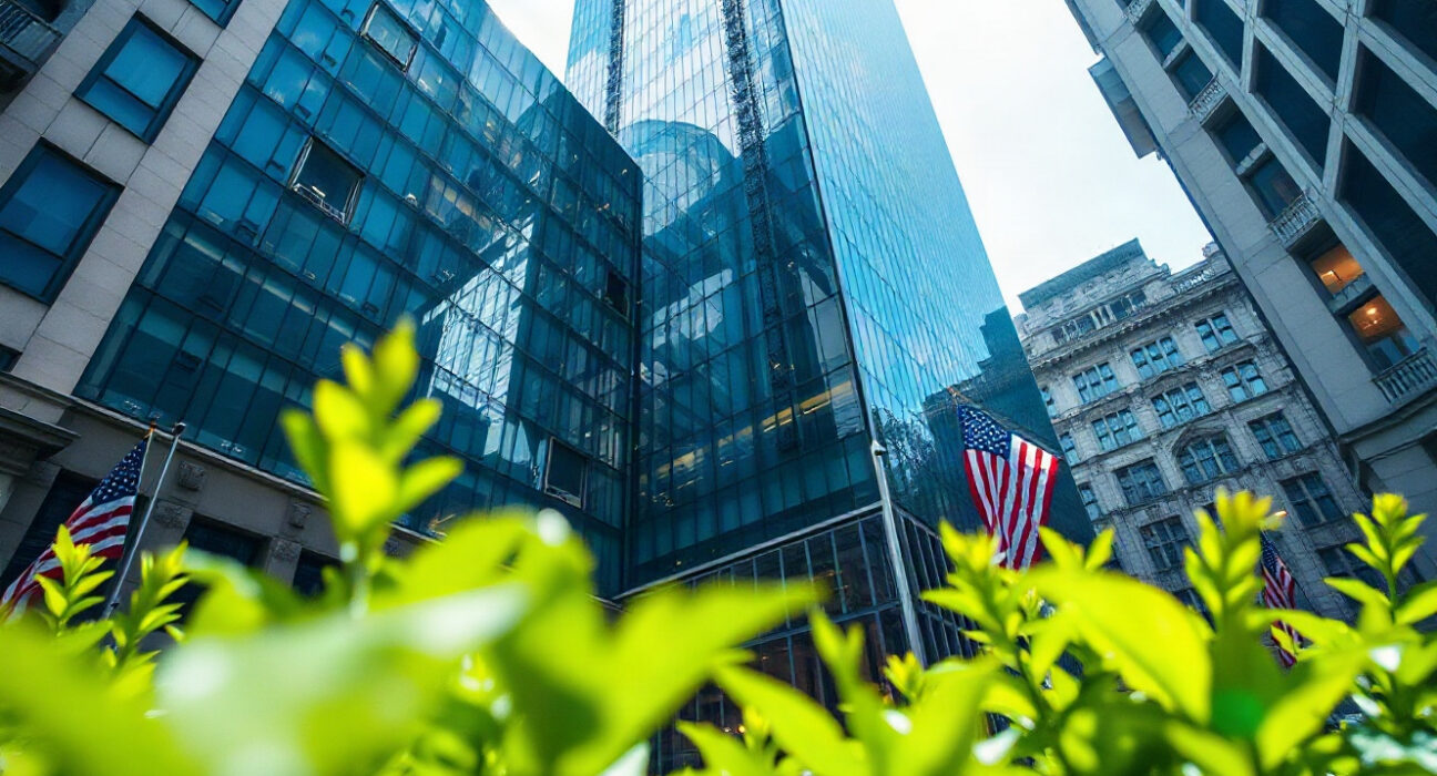 Modern corporate office building in a U.S. financial district, representing Hanwha's expansion