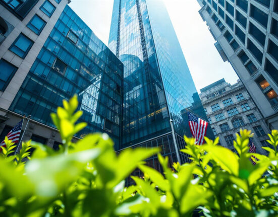 Modern corporate office building in a U.S. financial district, representing Hanwha's expansion