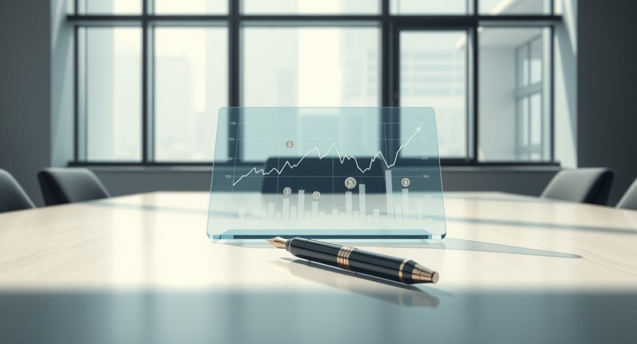 Hanwha Systems corporate boardroom with tablet showing declining cryptocurrency valuation chart.