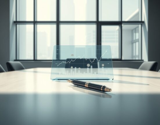 Hanwha Systems corporate boardroom with tablet showing declining cryptocurrency valuation chart.