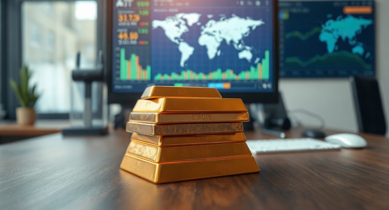 Gold bars stacked on a table with financial charts in background, symbolizing hard asset investment.