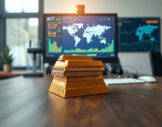 Gold bars stacked on a table with financial charts in background, symbolizing hard asset investment.