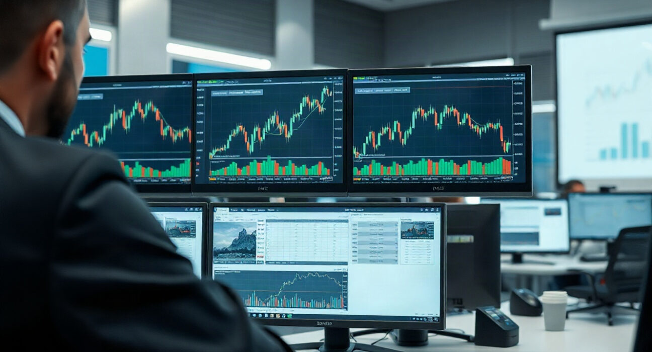 Trader monitoring commodity price charts on multiple screens in a modern trading floor