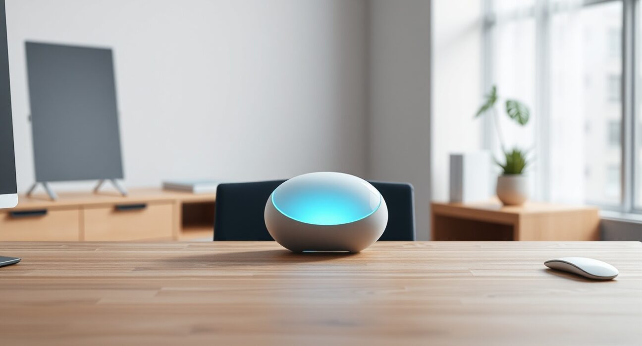 A sleek white AI device on a modern desk in a naturally lit office, representing Hark's upcoming hardware.