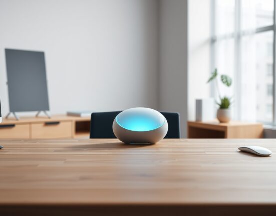 A sleek white AI device on a modern desk in a naturally lit office, representing Hark's upcoming hardware.