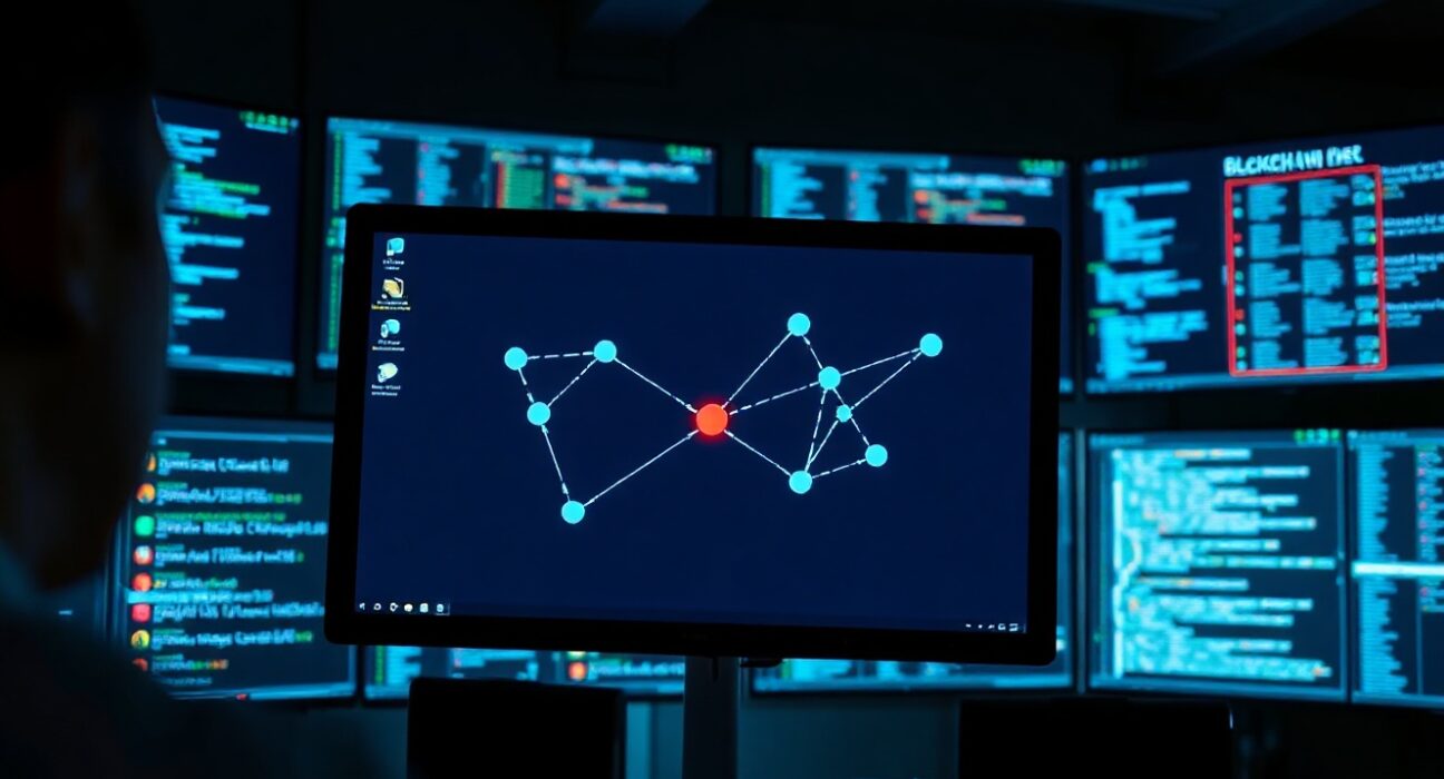 Blockchain network monitor showing a breach in a cybersecurity operations center