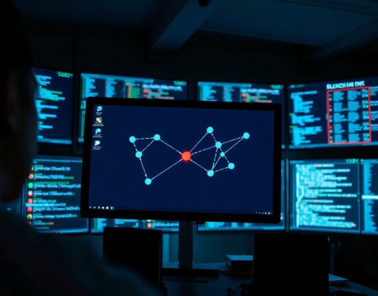 Blockchain network monitor showing a breach in a cybersecurity operations center