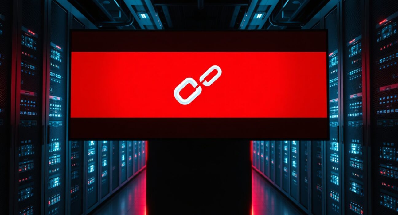 Digital screen in a data center showing a broken chain-link icon, symbolizing a blockchain bridge exploit.