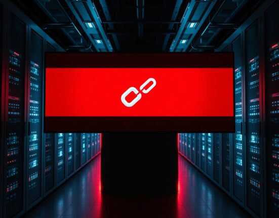 Digital screen in a data center showing a broken chain-link icon, symbolizing a blockchain bridge exploit.