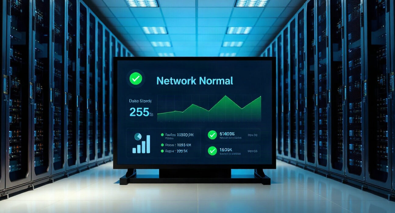 Harmony blockchain network operational after rollback, data center with monitoring screens