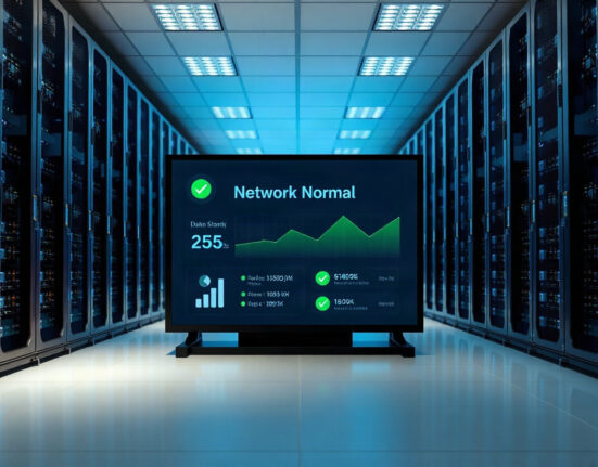 Harmony blockchain network operational after rollback, data center with monitoring screens