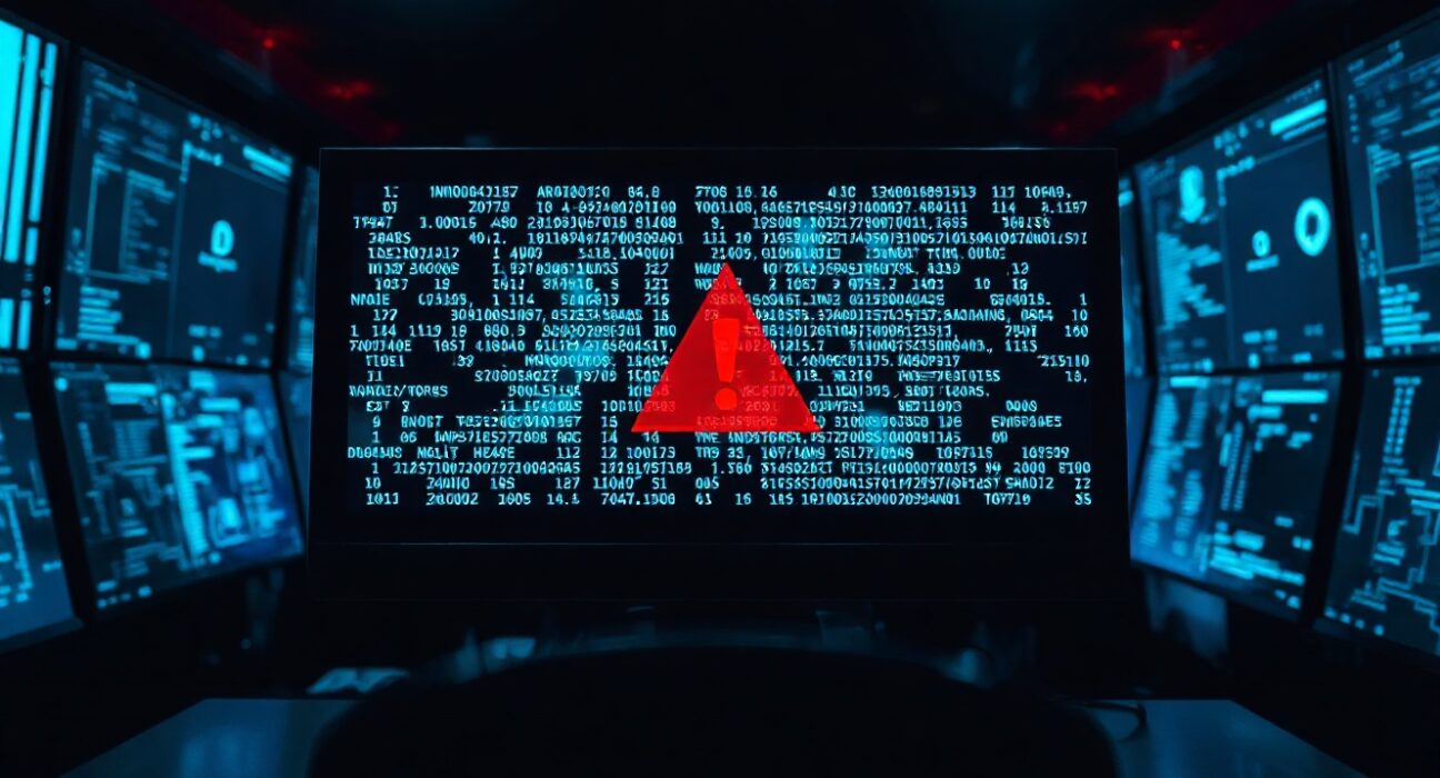 Digital screen showing blockchain transaction data with red warning icon in dark security operations center