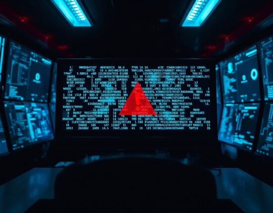Digital screen showing blockchain transaction data with red warning icon in dark security operations center