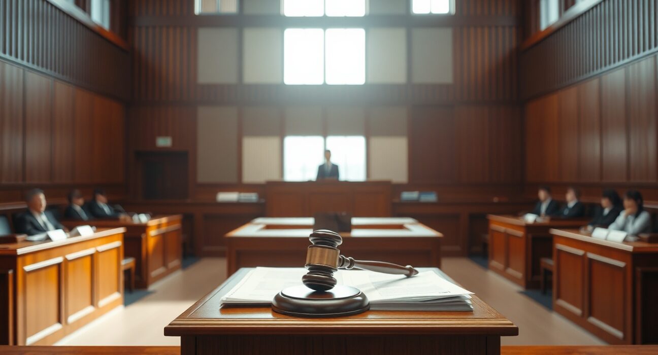 Empty courtroom with judge's bench and legal documents symbolizing the Haru Invest fraud appeal trial.