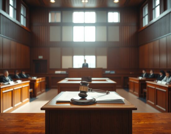 Empty courtroom with judge's bench and legal documents symbolizing the Haru Invest fraud appeal trial.