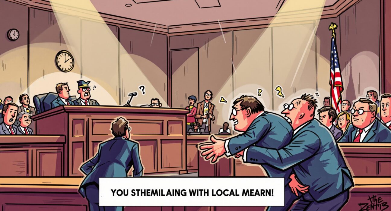 A dramatic courtroom scene illustrating the severe legal consequences surrounding the Haru Invest case and the importance of due process.