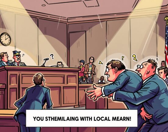 A dramatic courtroom scene illustrating the severe legal consequences surrounding the Haru Invest case and the importance of due process.