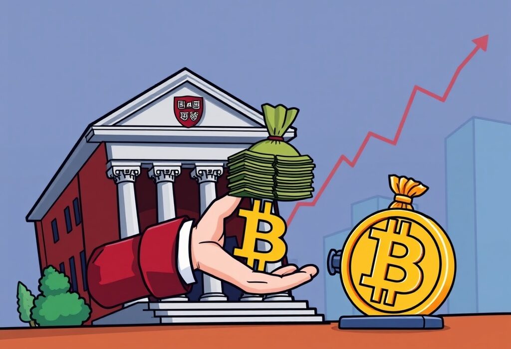 Cartoon showing Harvard's significant $120M Bitcoin ETF investment, highlighting a major shift in institutional adoption of digital assets.