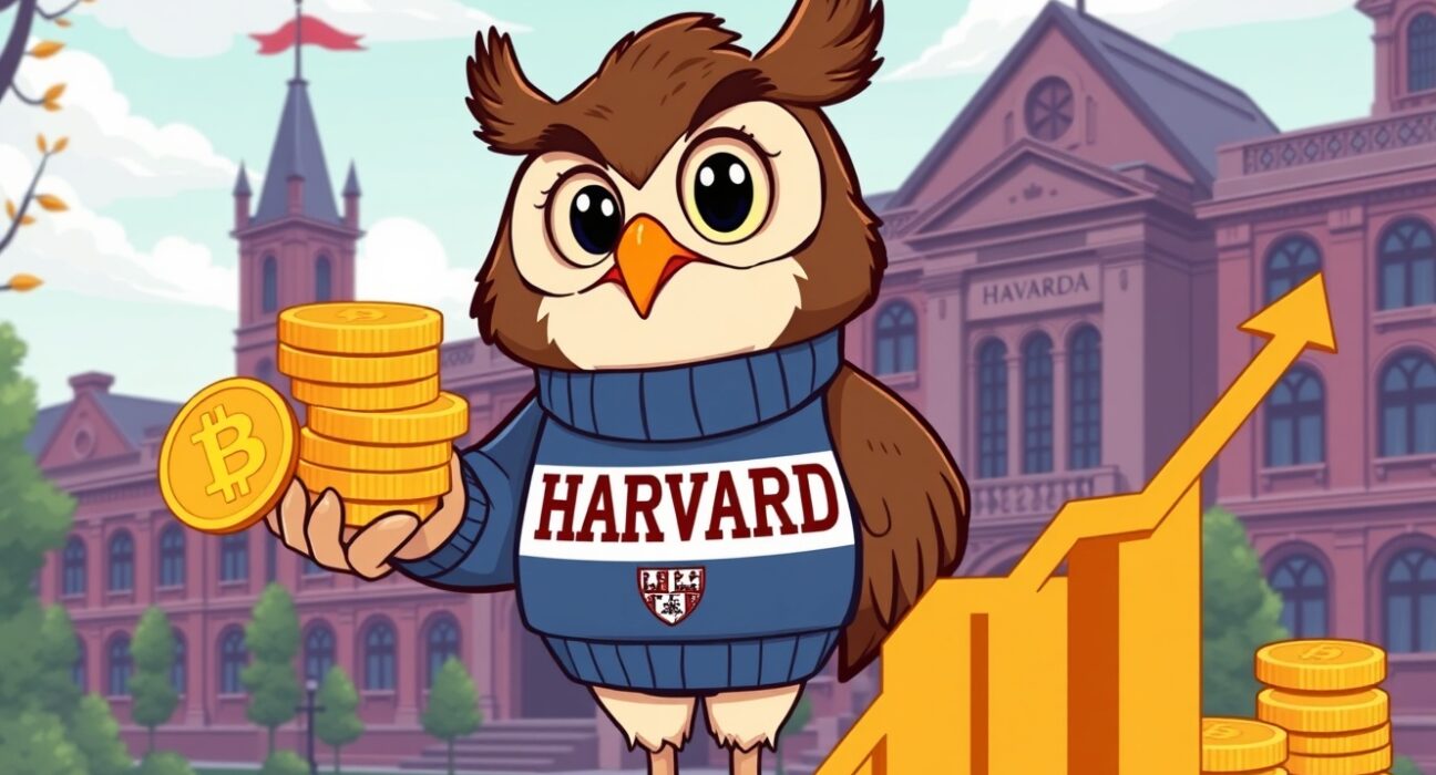 Harvard University's strategic Bitcoin investment during market downturn shown through cartoon illustration