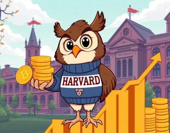 Harvard University's strategic Bitcoin investment during market downturn shown through cartoon illustration