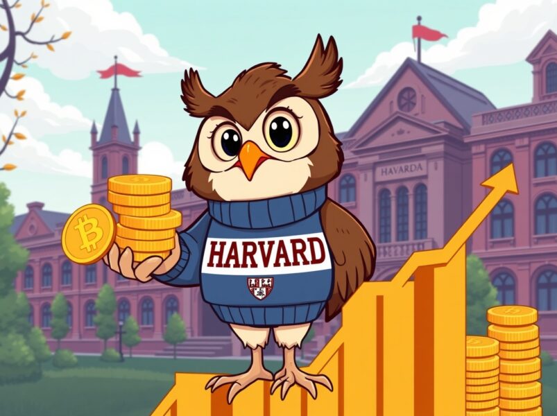 Harvard University's strategic Bitcoin investment during market downturn shown through cartoon illustration