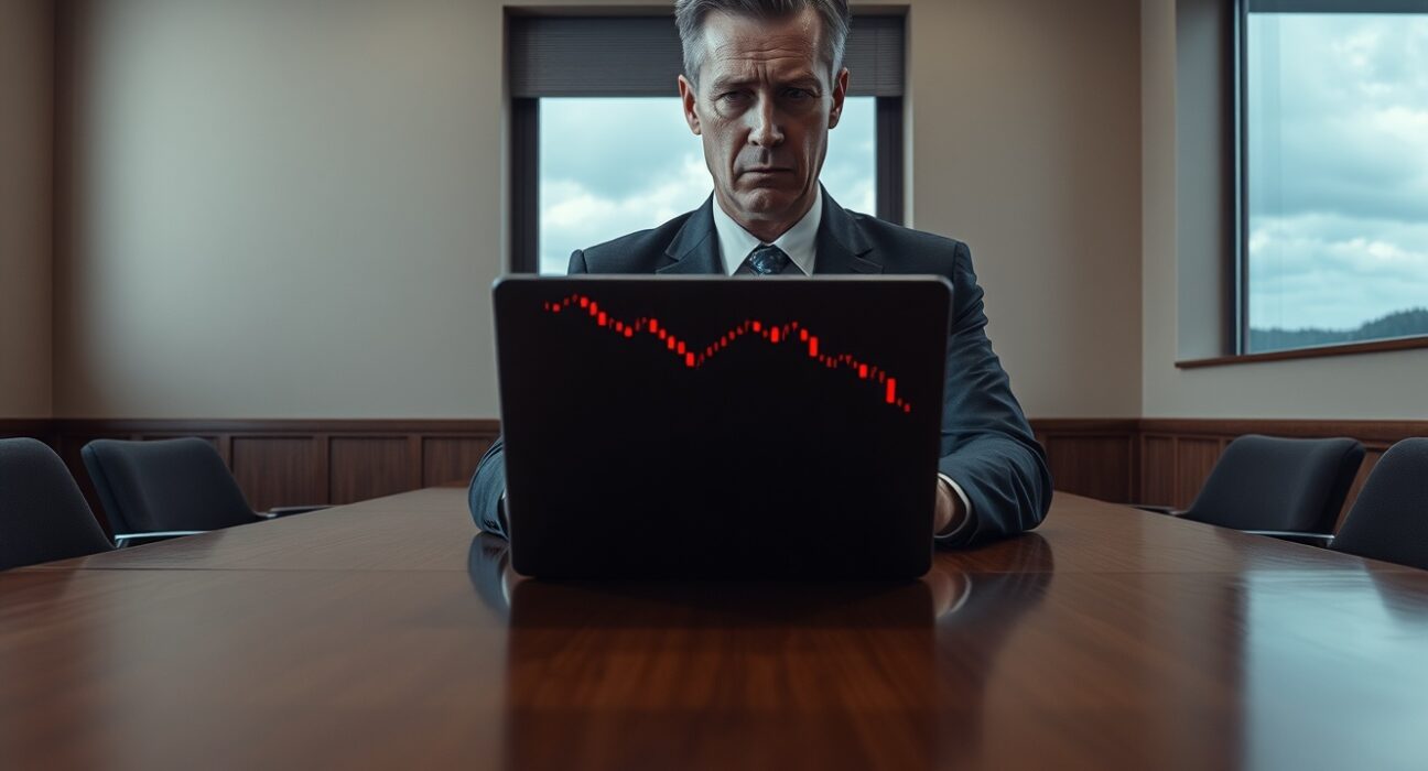 University financial manager reviewing cryptocurrency loss charts on a laptop in a somber meeting room