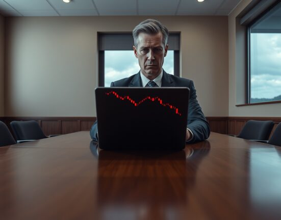 University financial manager reviewing cryptocurrency loss charts on a laptop in a somber meeting room